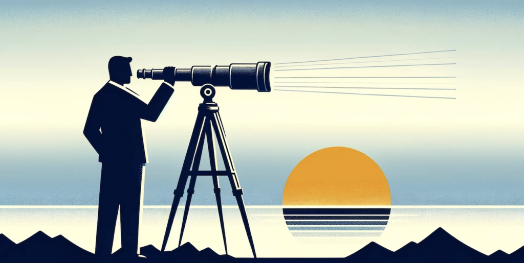 A stylized view of the profile of a man looking through a telescope out at the sea with the sun setting on the horizon 