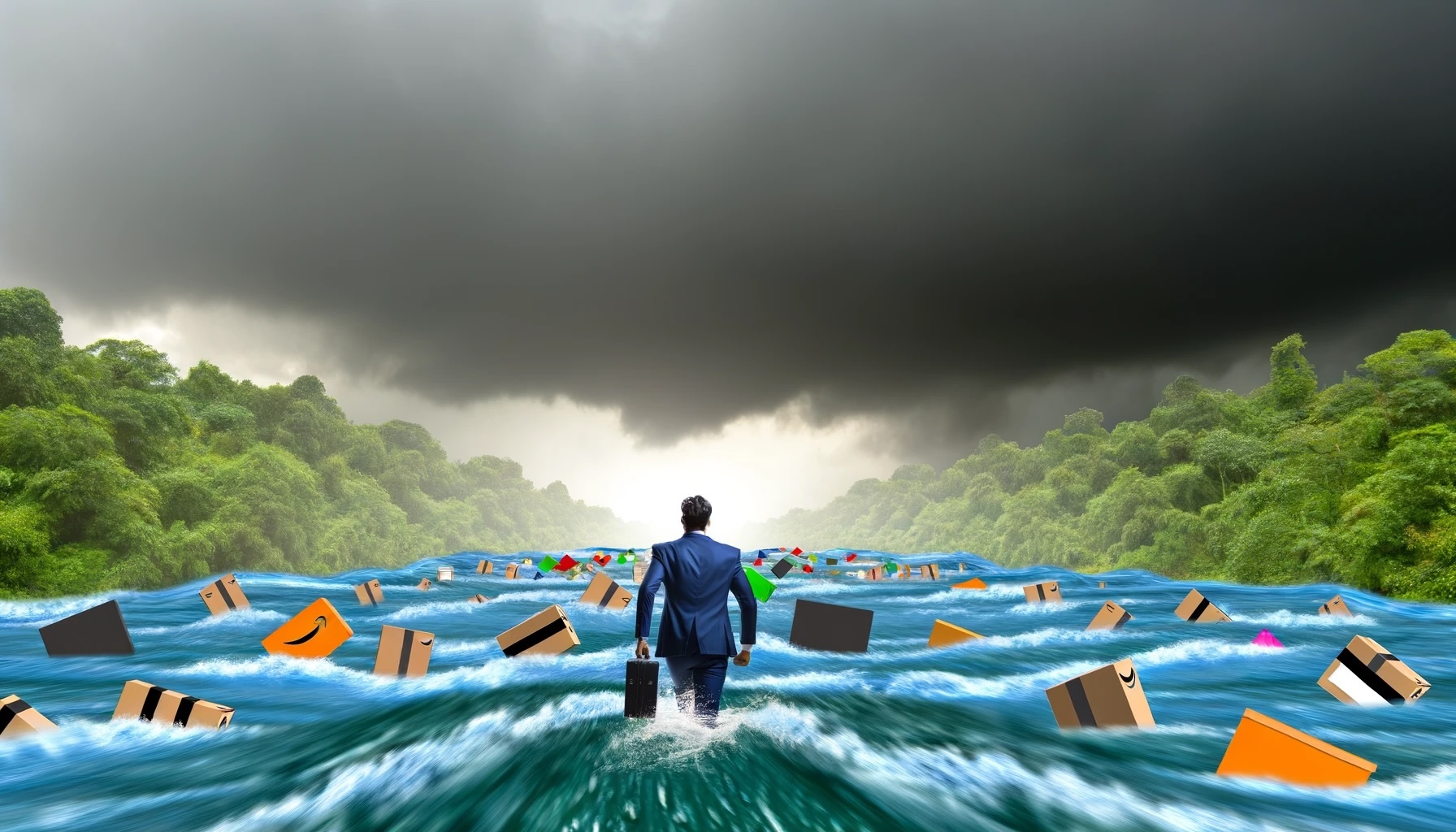 A stylized image of a businessman walking upstream in a river wearing a business suit with Amazon boxes floating downstream towards him
