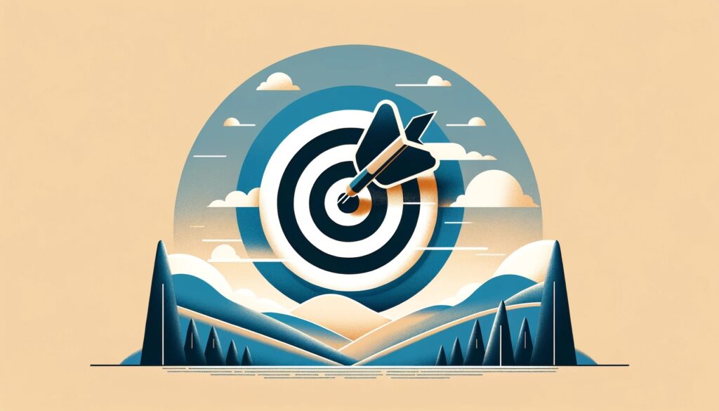A graphic image showing a large target with a dart in the bullseye against a background of a mountain range