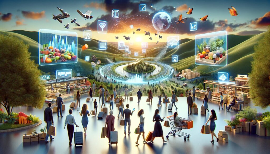 An expansive view of a stylized futuristic ecommerce space with Amazon logos, spaceships, shoppers, and hologram images in the sky