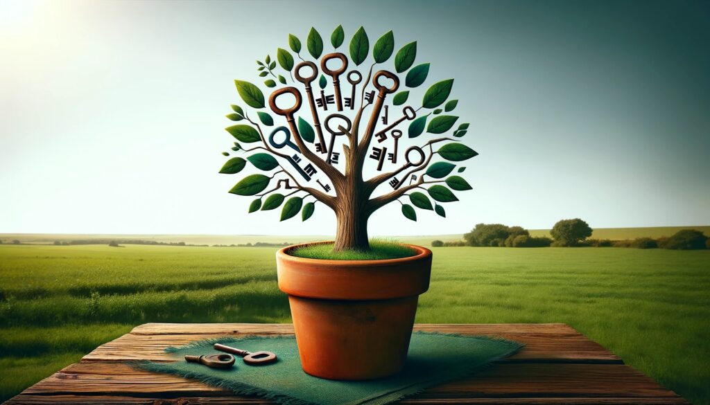 A stylized image of a potted plant on a wooden table that is growing keys i and leaves 