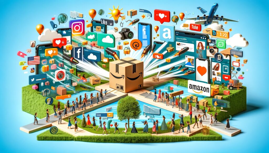 An infographic of an amazon cardboard box surrounded by a variety of social media icons, small figures of people, at a crossroads of commerce 