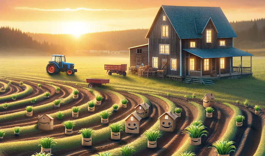 A stylized image of an Amazon farm with crops that are actually little Amazon businesses