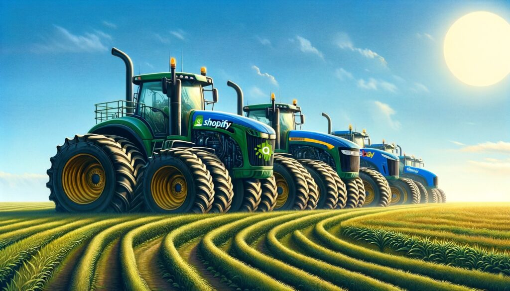 A view of 4 stylized tractors each wearing the logo of a different ecommerce platform. 