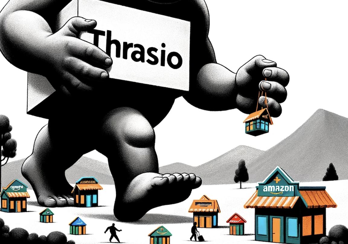 An image of a stylized monster wearing a Thrasio badge holding a small representation of an amazon business and stepping through a field of small Amazon buildings.