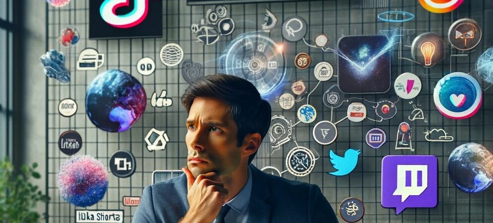 A stylized image of a pensive marketing professional at a desk surrounded by a background of social media icons