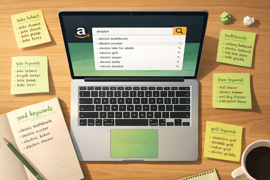 A clean, modern top-down view of a workspace where keyword research is happening. A laptop shows an Amazon search bar with autocomplete suggestions visible. Surrounding the laptop: handwritten sticky notes with keyword clusters, a notebook with "seed keywords" written at the top and a shortlist beneath, and a coffee cup.