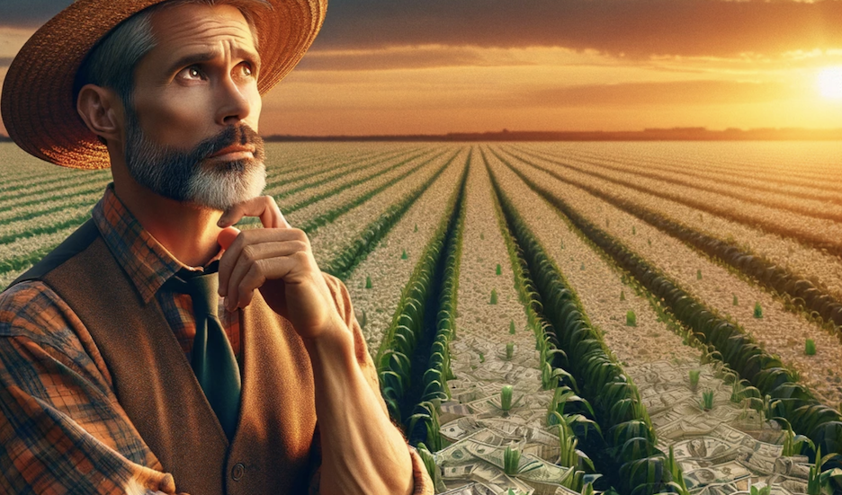 A stylized image of an Amazon farmer thinking pensively amidst a field of cash 