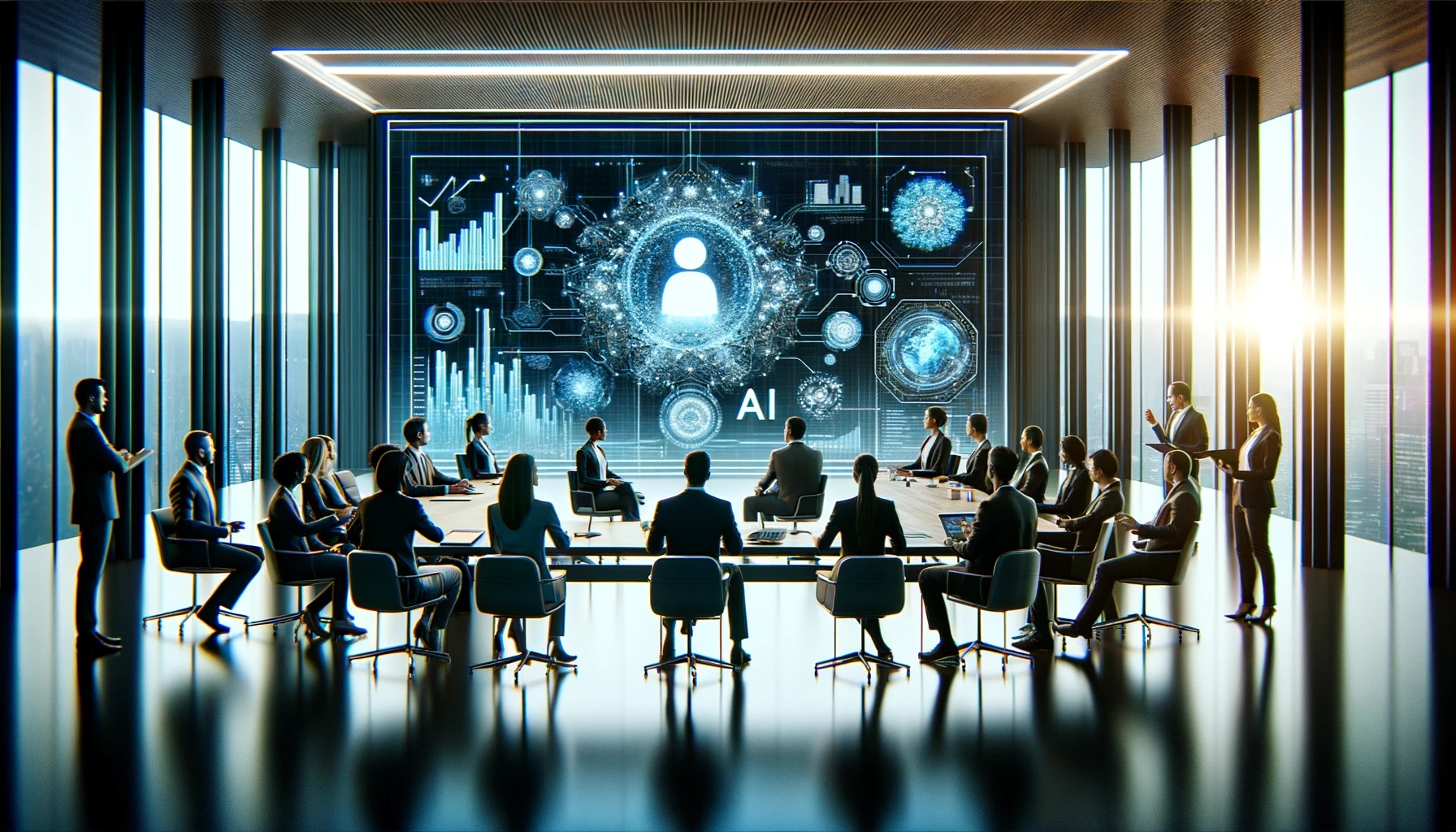 Graphic image of a board meeting with a mixture of business suit wearing people in a large, high tech, glass lined room