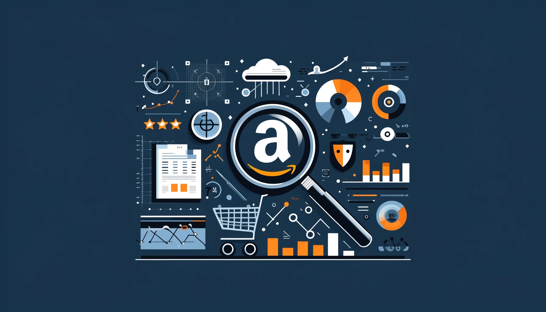 An infographic style image showing Amazon's a logo surrounded by ecommerce icons such as shopping carts and graphs