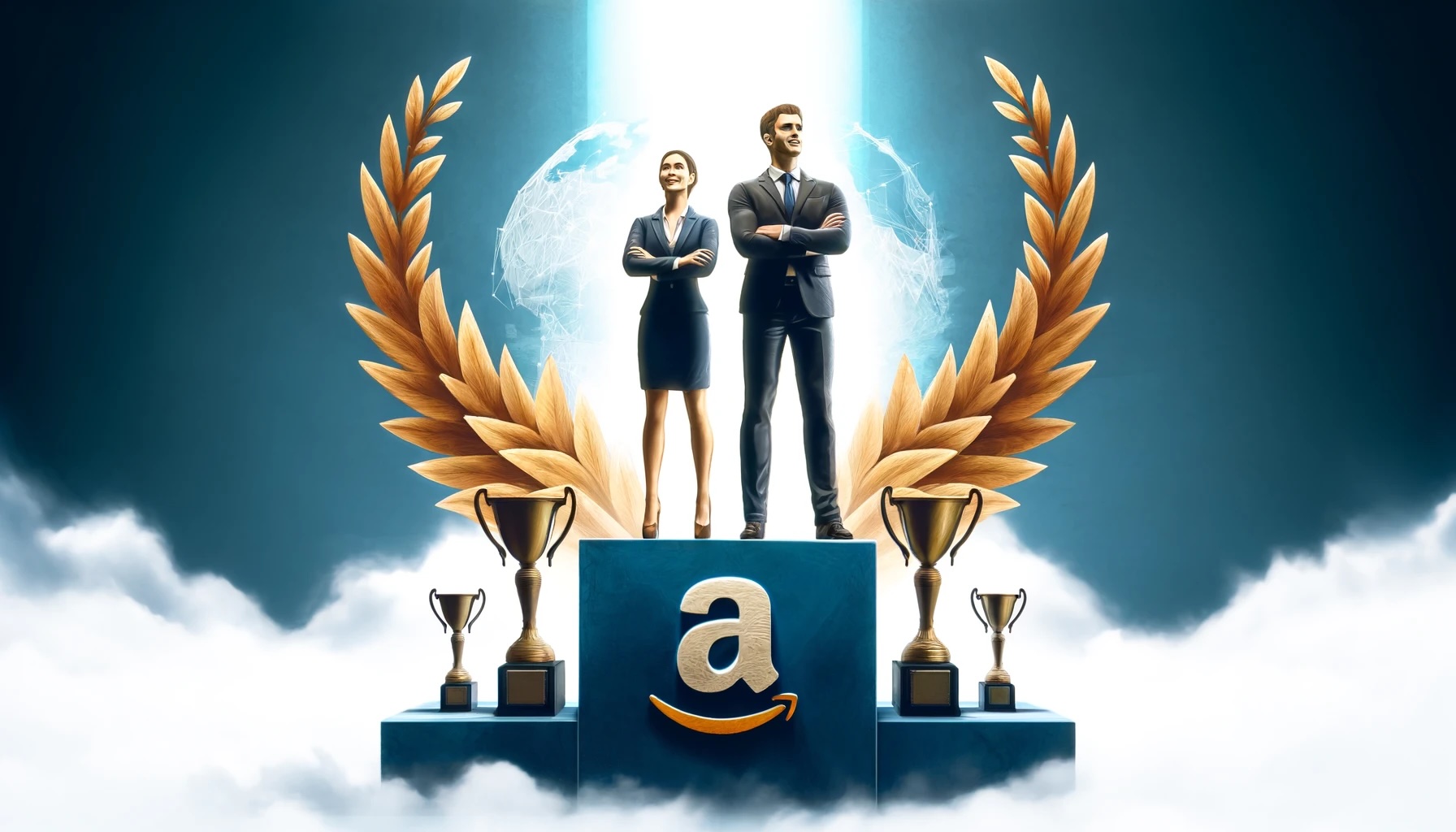 A male and a female ecommerce professional depicted on top of a trophy in a cloud-filled sky