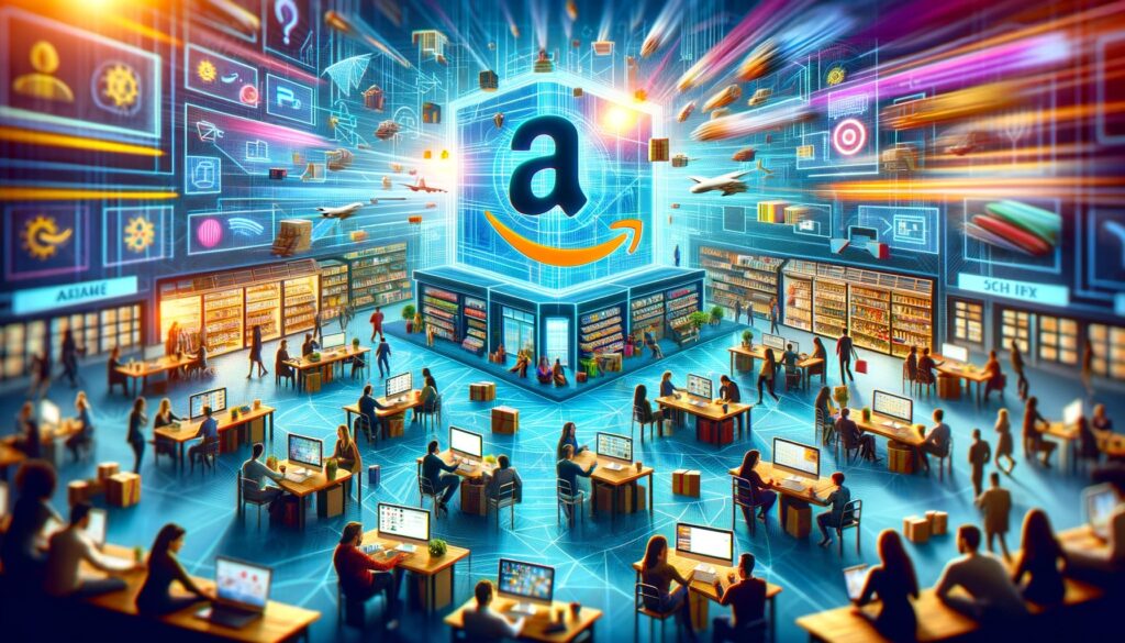 A stylized graphic image of a large Amazon branded workspace with desks occupied by tech workers 