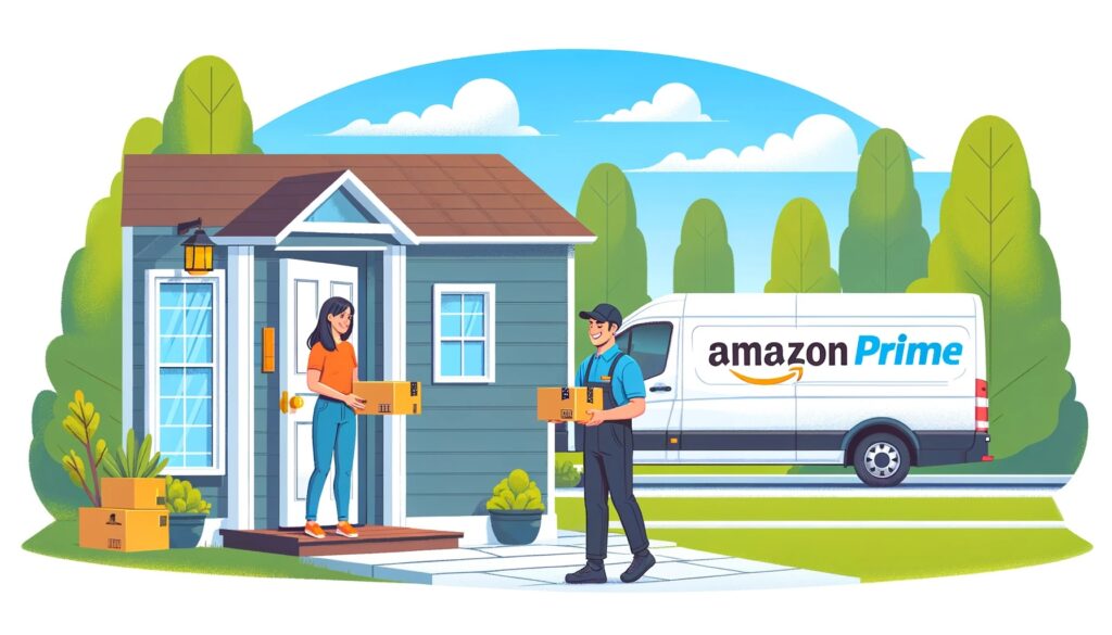 A graphic image of an amazon prime delivery man handing boxes to a woman in a nice peaceful neighborhood