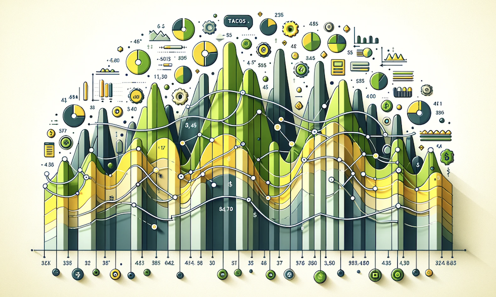 A bright yellow and green infographic image of a graph showing total advertising cost of sales metrics 