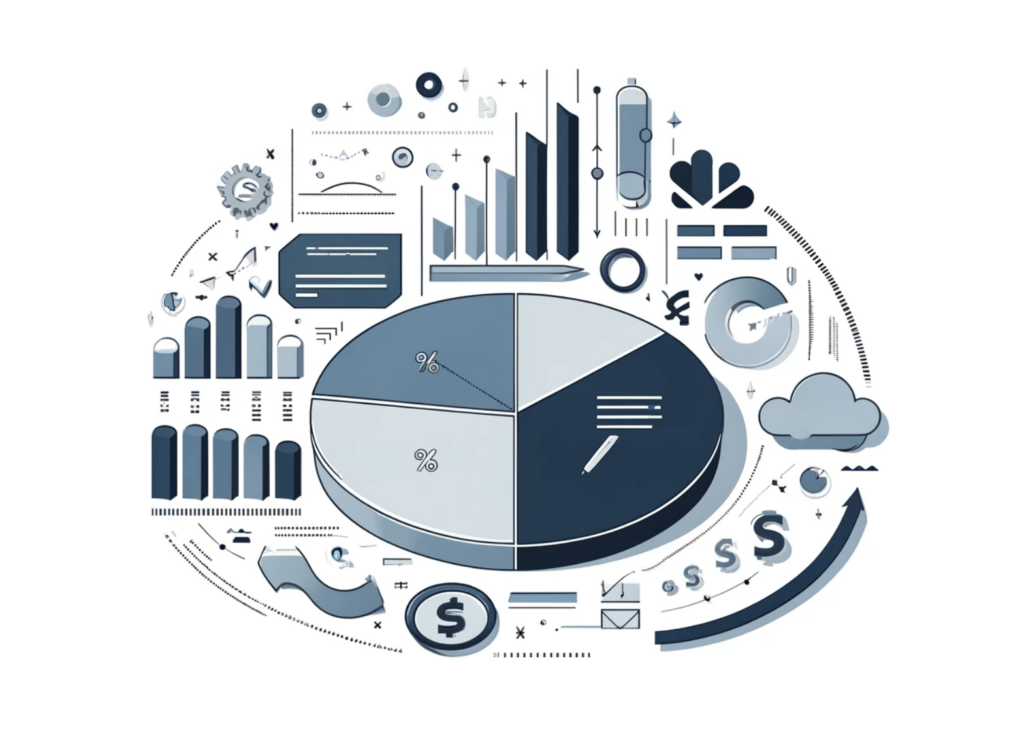 A stylized, grey shaded circular graphic image of ecommerce metrics including graphs and pie charts. 