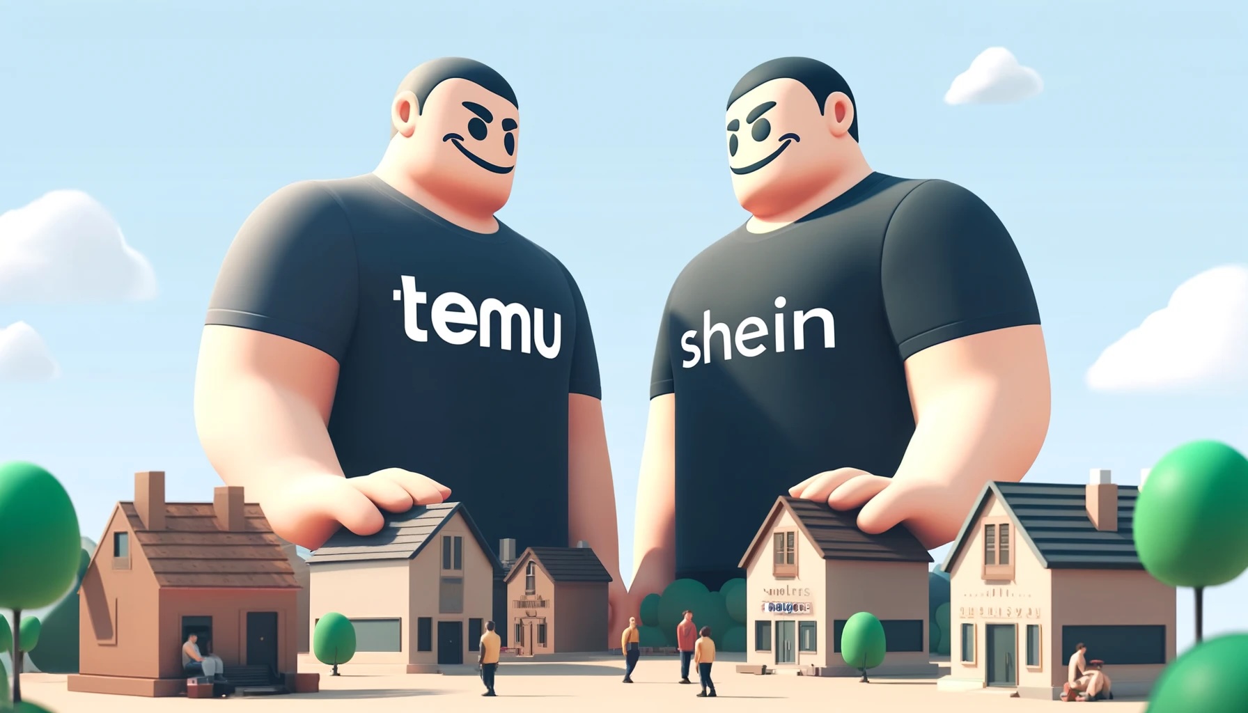 Two large cartoon style giants with the Temu and Shein logos are towering above a small village