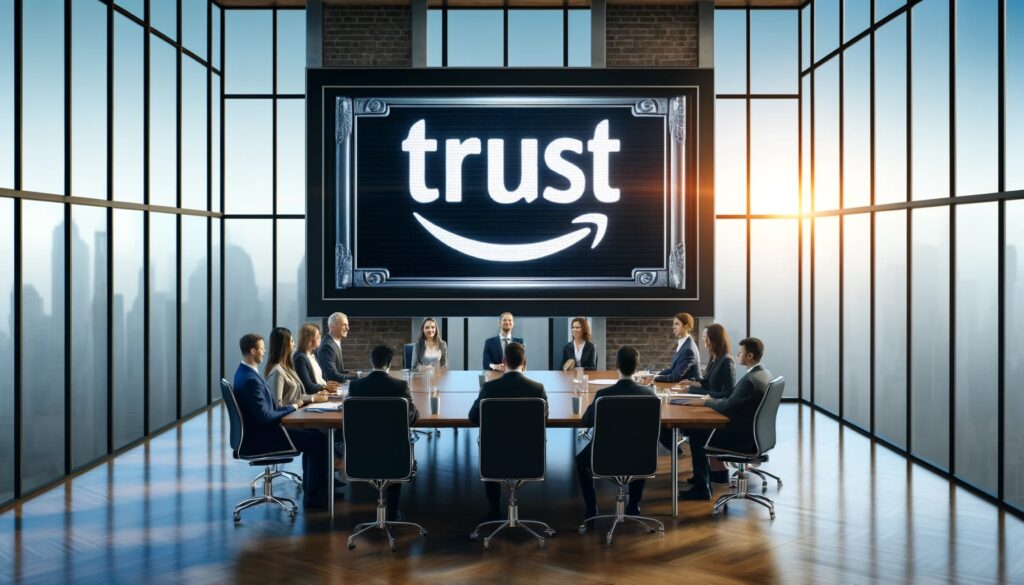 A graphic image showing a large modern boardroom table with 13 people seated and a large amazon branded "trust" photo behind 