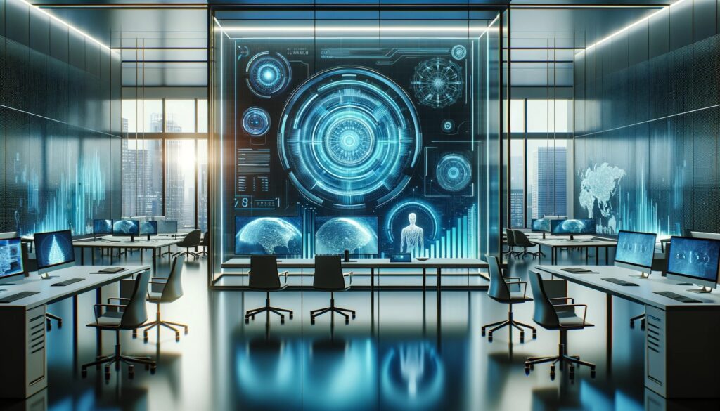 A graphic image of a high tech office with a futuristic white board in the background 