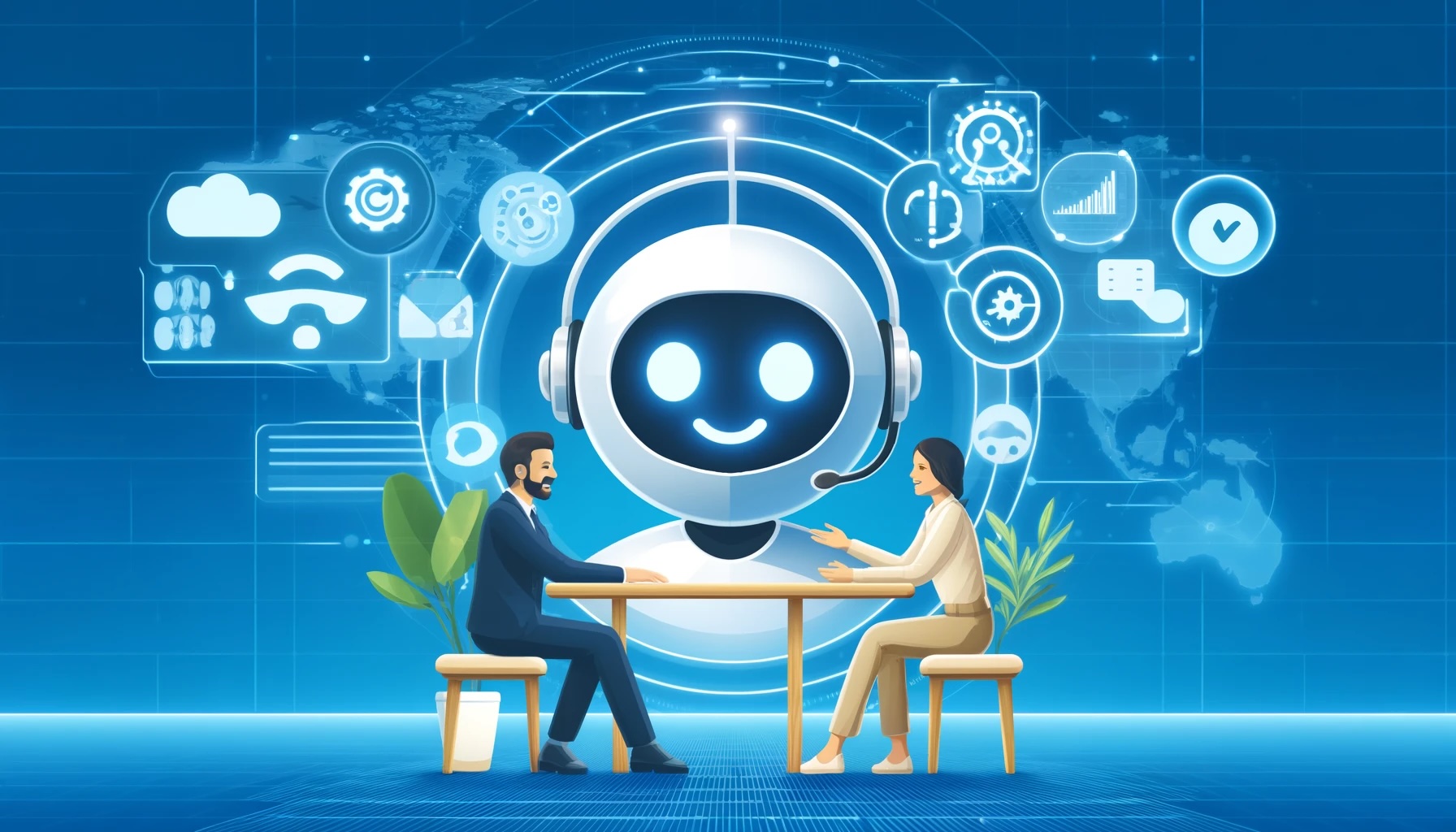 A graphic image of a male and female ecommerce professional sitting across from each other at a table with an image of an AI robot in the background