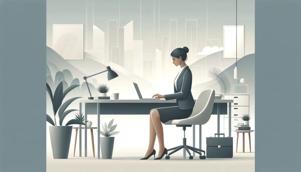 A business suited woman at a desk working on a laptop 
