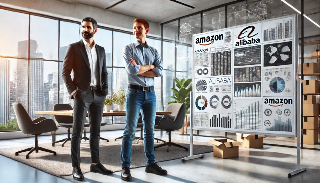 An amazon entrepreneur and an alibaba worker looking at a white board full of data in a modern office 