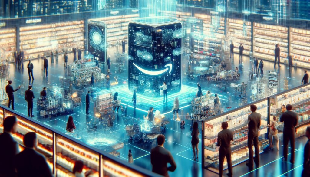 A graphic image of a large futuristic room full of virtual shopping experiences and people around the perimeter looking at all the action 