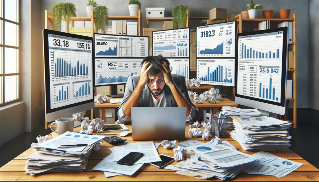 A graphic image of a businessman at his desk, head in his hands in frustration with a desk covered with scattered charts and a series of data filled white charts behind him 
