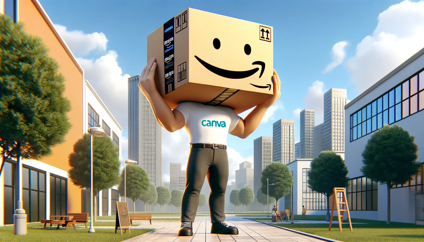A landscape mode image of a giant With a Canva logo on their chest holding an Amazon box above their head.