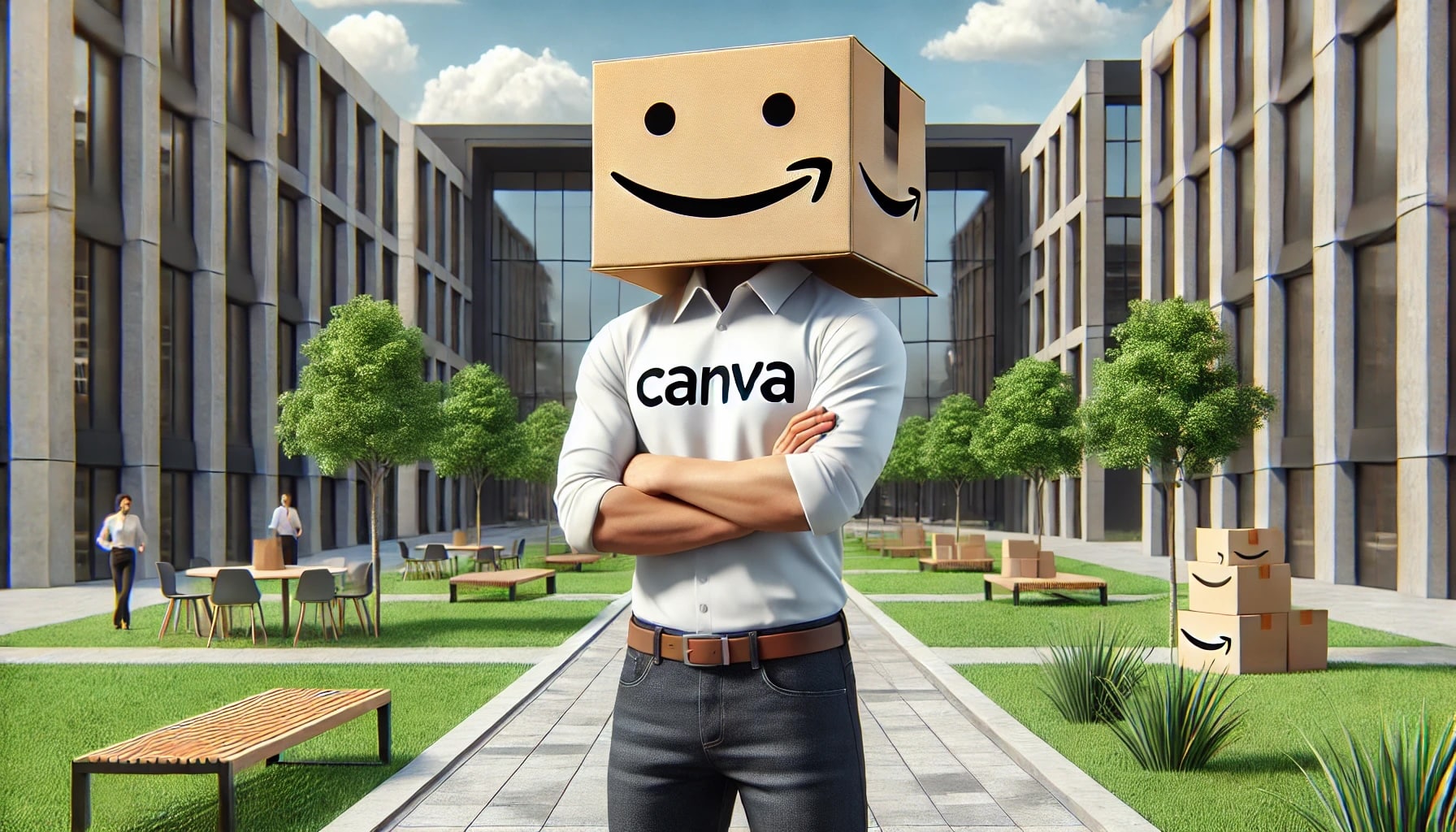 A landscape mode image of a giant With a Canva logo on their chest holding an Amazon box above their head.