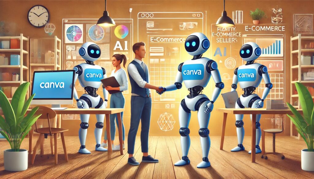  two AI robots wearing Canva logos, shaking hands with e-commerce sellers in a modern, collaborative workspace