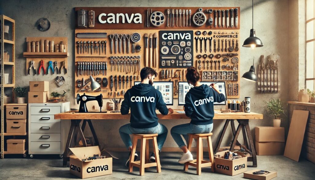  two e-commerce sellers working at a toolbench, equipped with a full set of Canva-branded tools in a creative, hands-on workspace