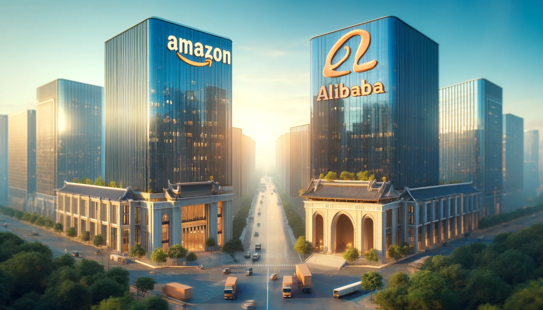 A graphic image of a large downtown with two big buildings. One of them with an Amazon logo, and one with an Alibaba logo.