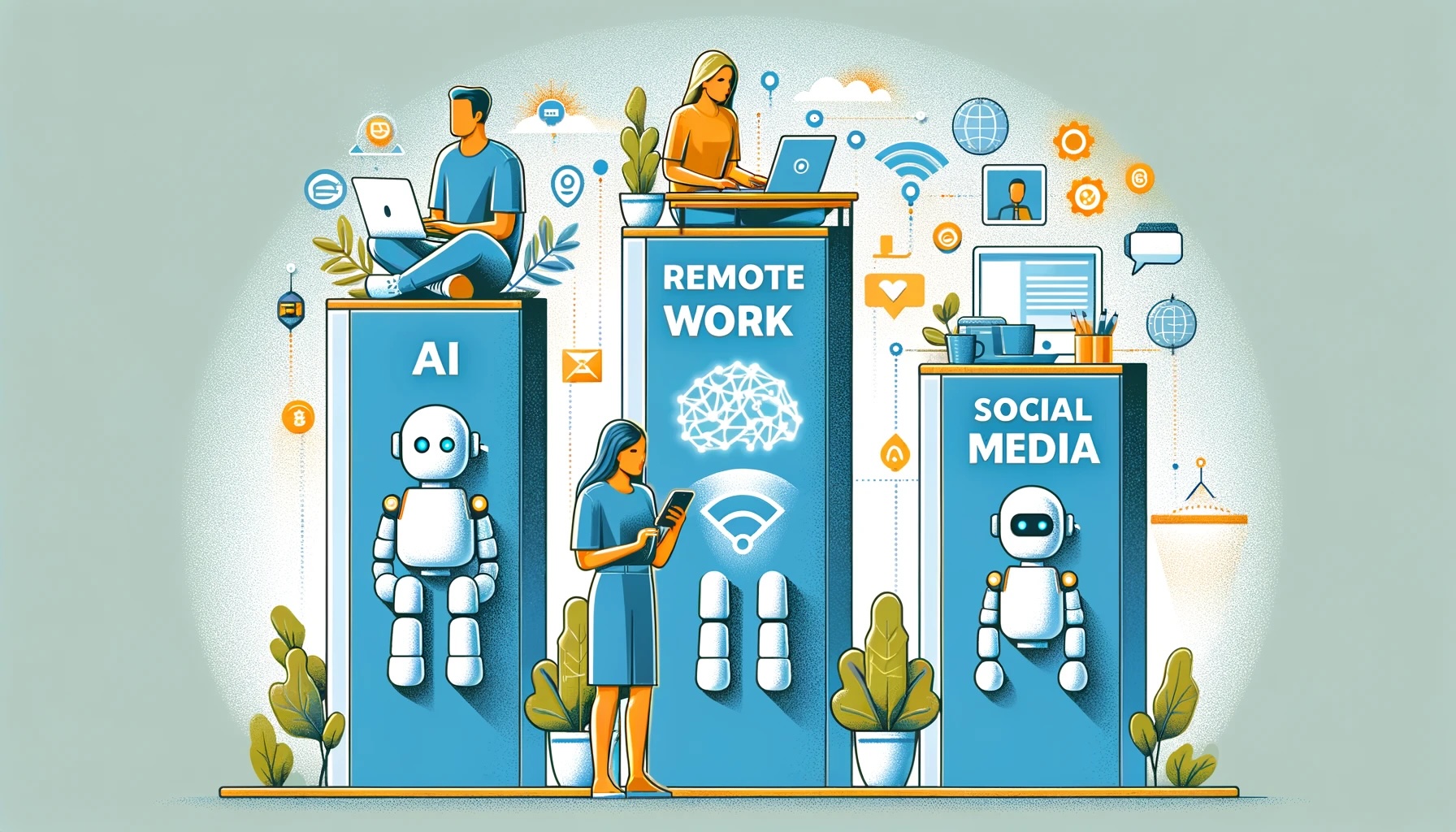A graphic image showing three pilars of ecommerce success: artificial intelligence, remote work capability, and social media