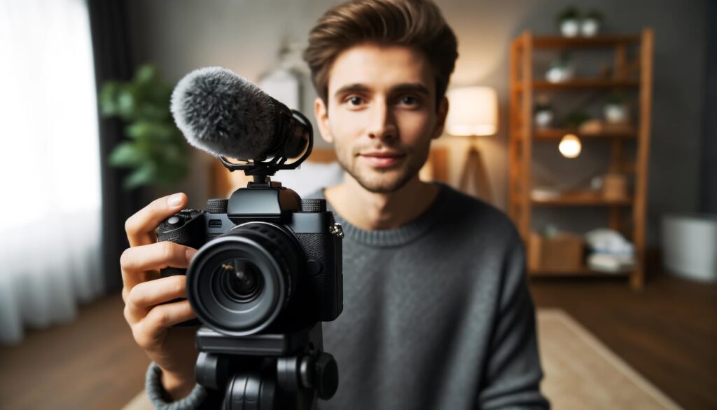 A young make influencer facing the viewer with a SLR camera and a sound miic in a position to record video 