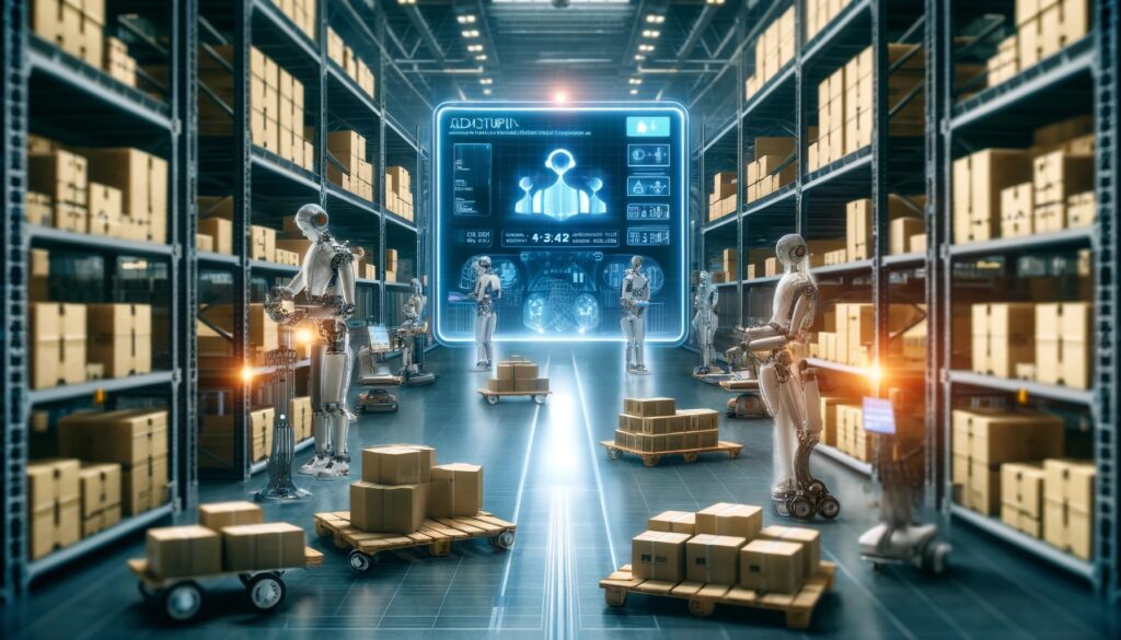  A graphic image of a warehouse with robots moving around the shelves filling orders 