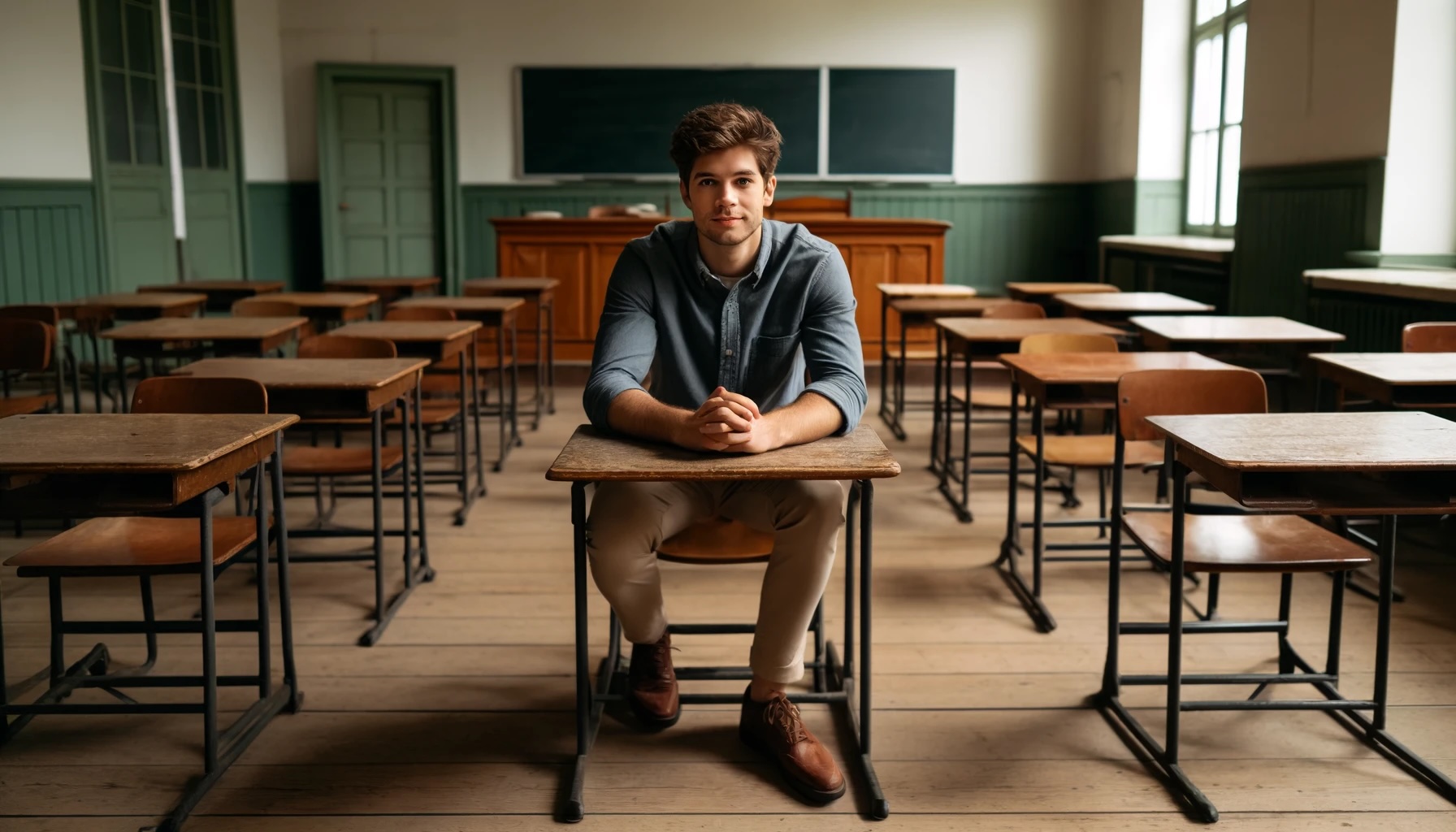 A young man sitting in an empty classroom at an old fashioned student's desk facing the viewer