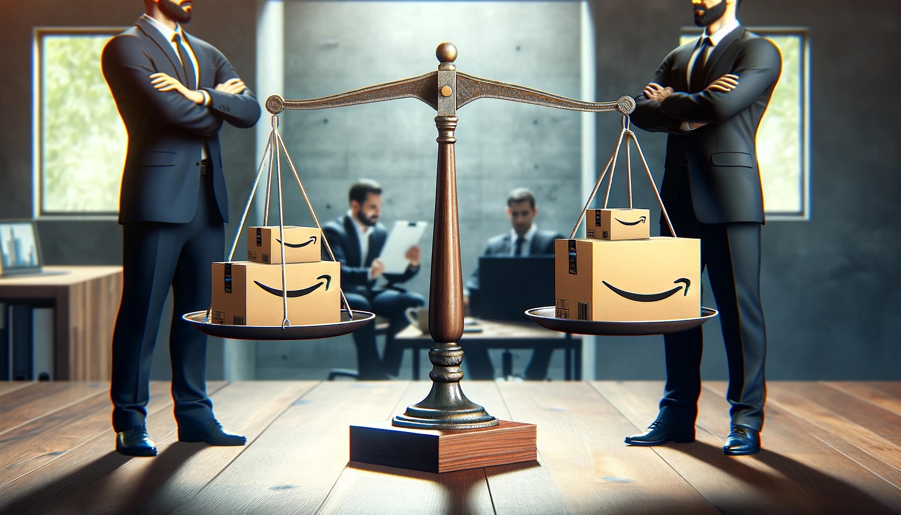 Two businessmen standing in business suits with arms crossed facing off behind an old fashioned scale with amazon boxes on the two platforms