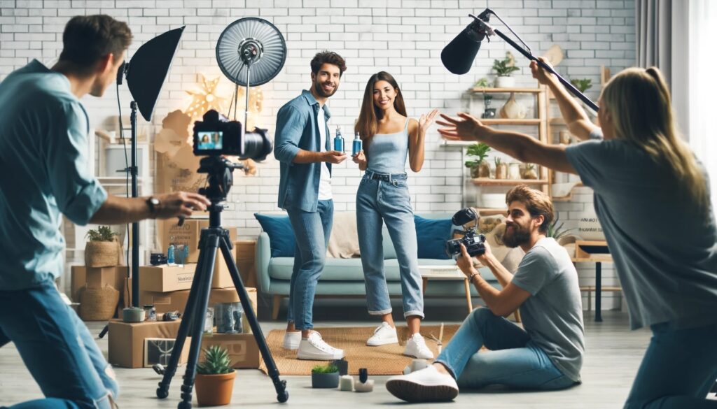 A male and a female influencer being filmed by three people while promoting products they're holding in their hands 