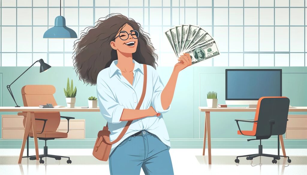 A graphic image of a young woman with long dark hair holding a fanned out group of $100 bills with a workspace in the background 