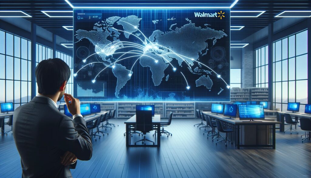 A single dark haired businessman viewed from behind looking out at a large empty conference room with a large screen showing a Walmart branded global map and interconnected sales paths 