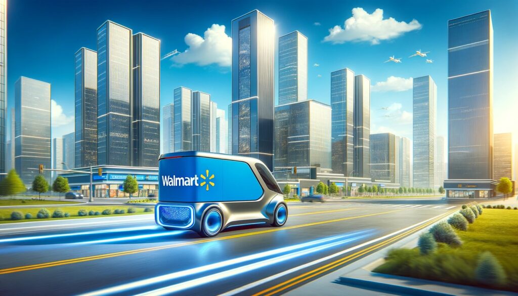 A Walmart branded driverless car in a empty road in a big city 
