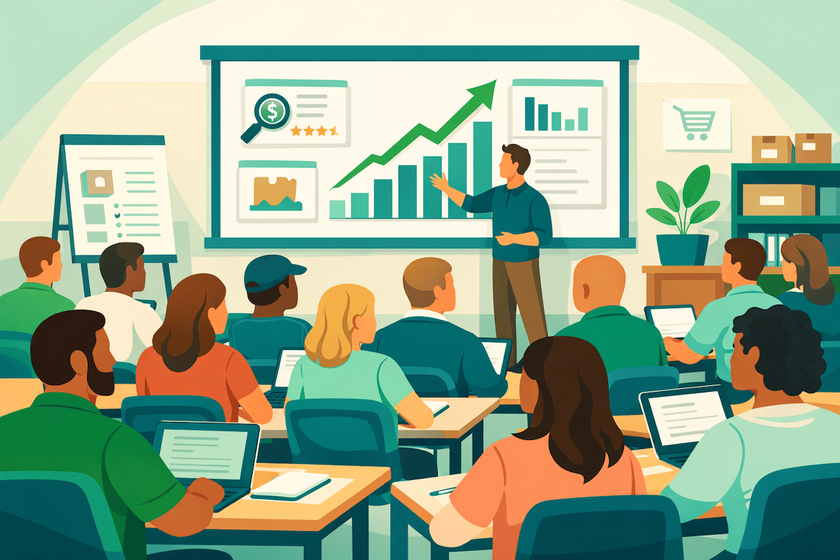 Group of ecommerce sellers learning Amazon PPC strategies in a classroom setting to improve advertising performance