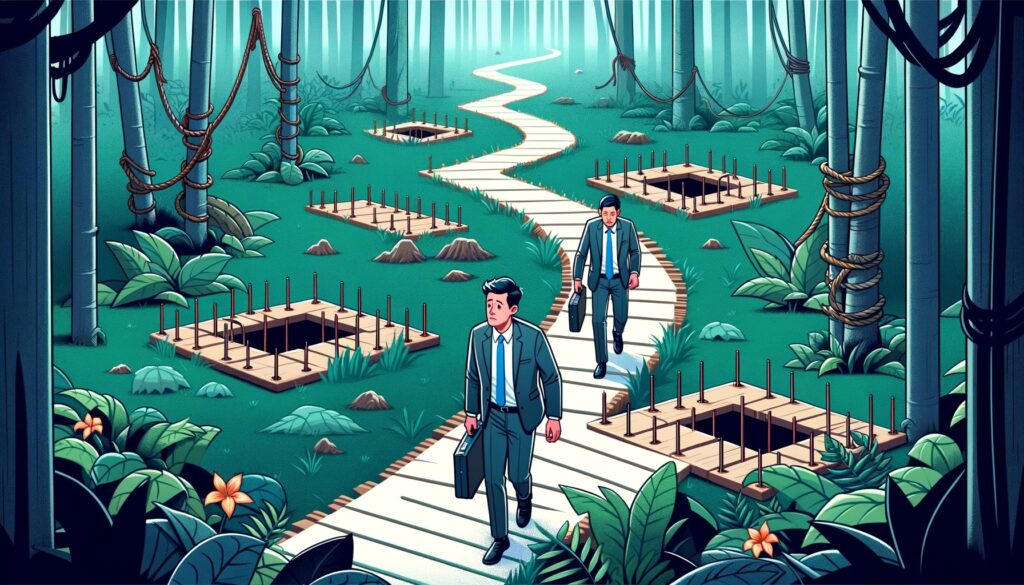Two businessmen in business suits walking through a dangerous jungle path carrying briefcases