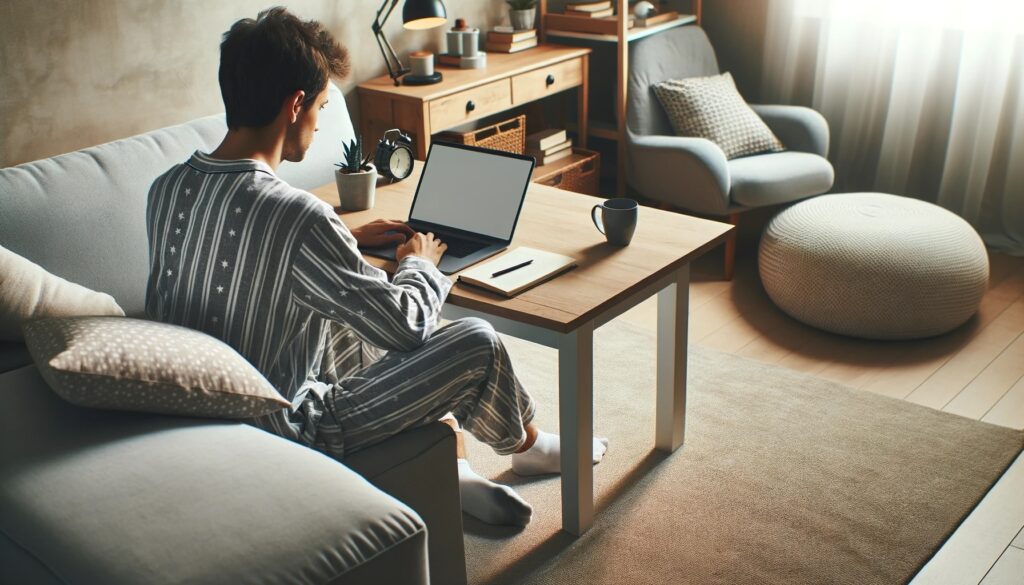 A young tech worker sitting at a couch at home working in his pajamas 