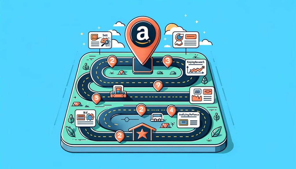 A graphic image showing a two dimensional road map with the amazon icon as the end point 
