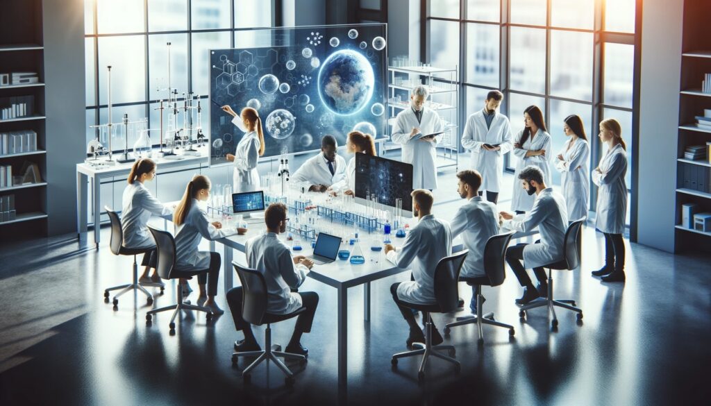 A large bright laboratory with 14 young white coated scientists engaged in a variety of scientific endeavors