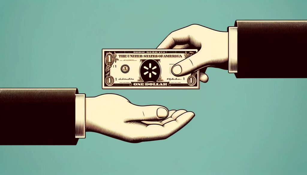 A graphic image of two business suited hands passing a dollar bill 