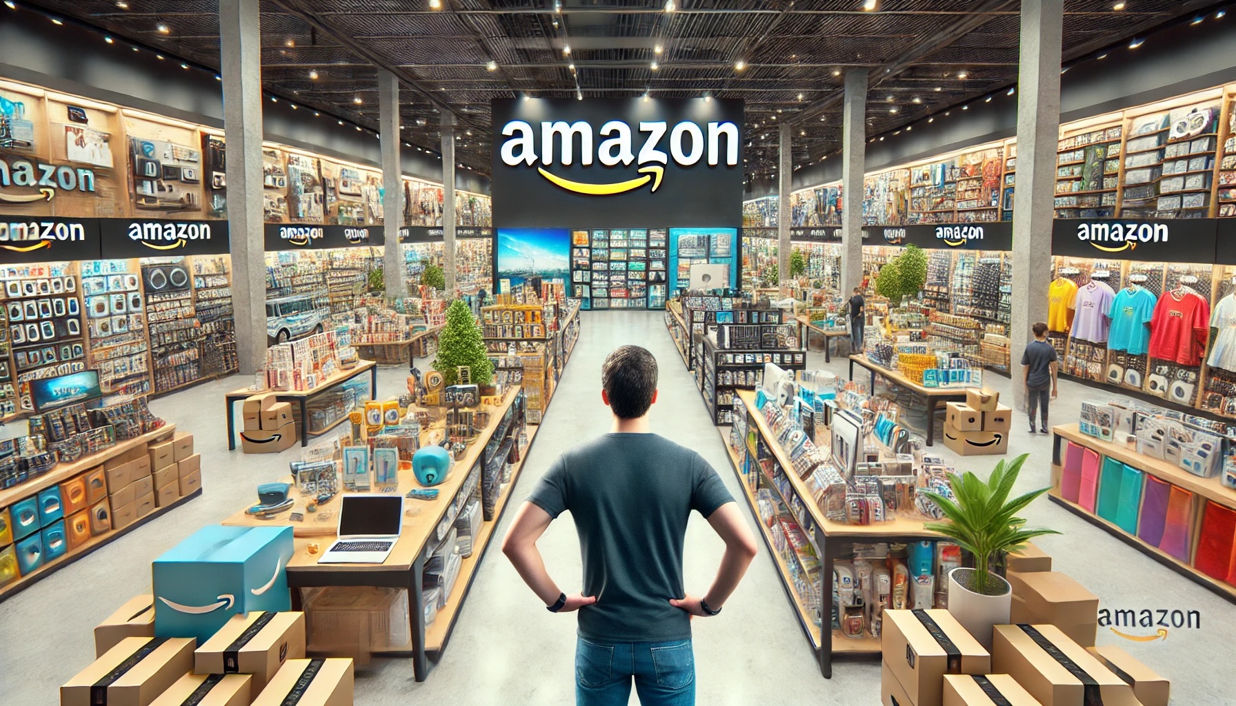 an amazon shopper facing an enormous amazon store with many choices of products