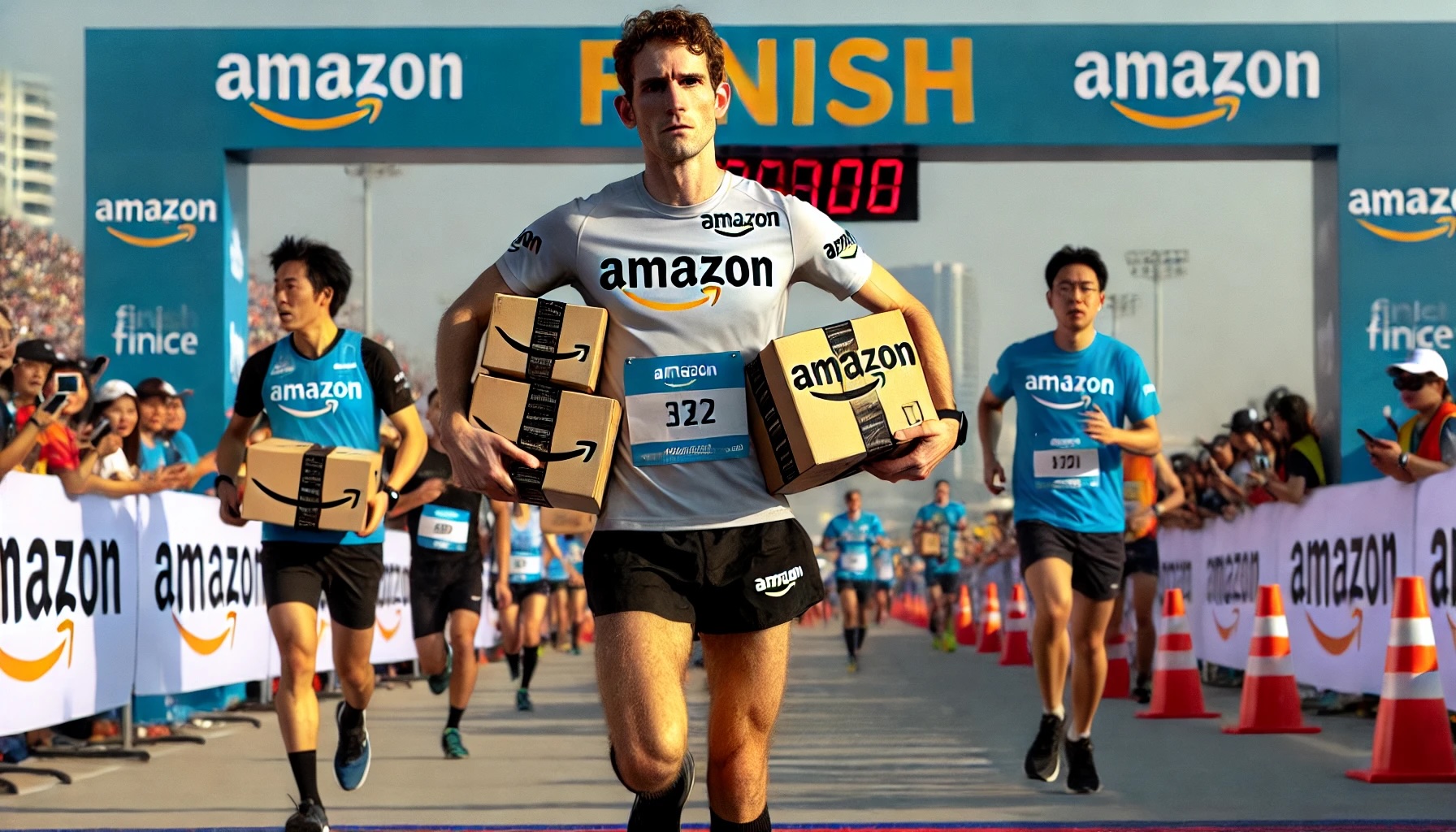 a runner wearing an amazon branded shirt carrying amazon boxes running across a finish line in front of a number of competitors