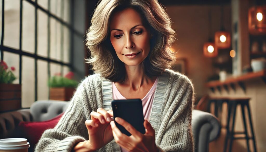 a middle-aged woman looking at her phone and shopping online.
